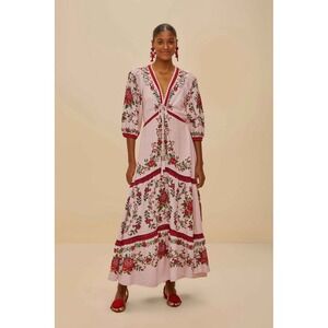 FARM Rio Pink Floral Tiered Maxi Dress with Red Trim